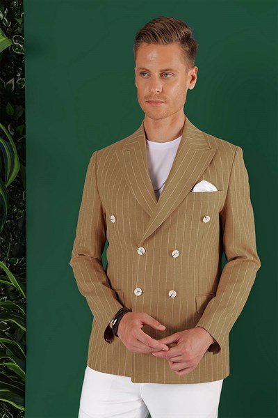 Slim Fit Çift Yırtmaç Pamuklu Çizgili Kruvaze Camel Ceket C 644