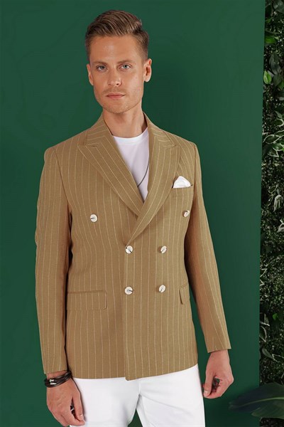 Slim Fit Çift Yırtmaç Pamuklu Çizgili Kruvaze Camel Ceket C 644
