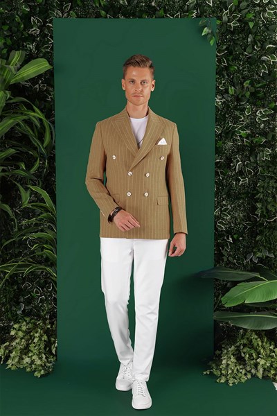 Slim Fit Çift Yırtmaç Pamuklu Çizgili Kruvaze Camel Ceket C 644