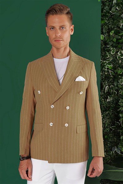 Slim Fit Çift Yırtmaç Pamuklu Çizgili Kruvaze Camel Ceket C 644