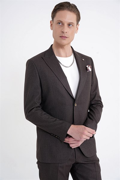 Slim Fit Çift Yırtmaç Sivri Yaka Esnek Kahverengi  Klasik Takım Elbise TK 939