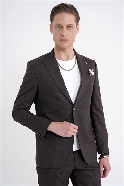 Slim Fit Çift Yırtmaç Sivri Yaka Esnek Kahverengi  Klasik Takım Elbise TK 939