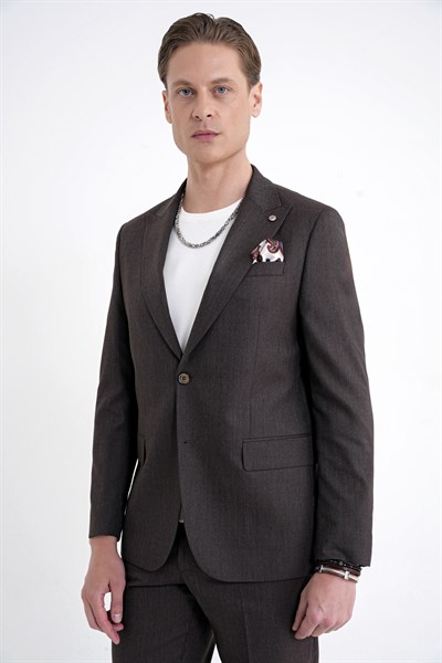 Slim Fit Çift Yırtmaç Sivri Yaka Esnek Kahverengi  Klasik Takım Elbise TK 939