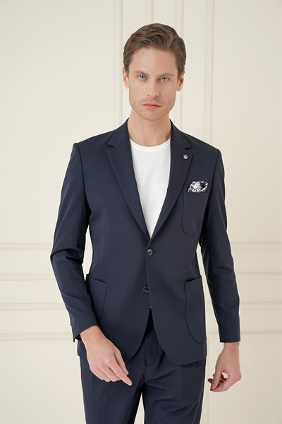 Slim Fit Çift Yırtmaç Torba Cep Esnek Spandex Karışımlı Havacı Lacivert Ceket C 697