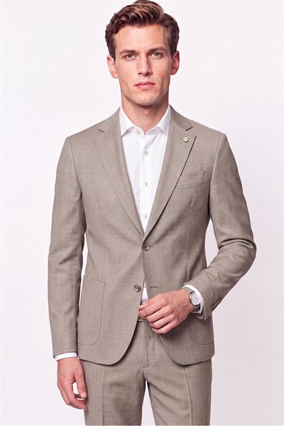 Slim Fit Çift Yırtmaç Torba Cep Esnek Yünlü Bej Takım Elbise TK 951