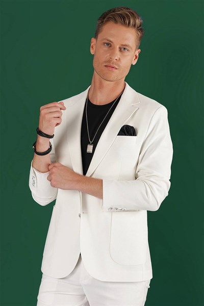 Slim Fit Çift Yırtmaç Torba Cep Esnek Pamuklu Ekru Ceket C 643