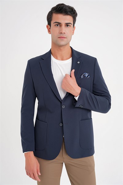 Slim Fit Çift Yırtmaç Torba Cep Esnek Spandex Karışımlı Havacı Lacivert-1 Ceket C 697