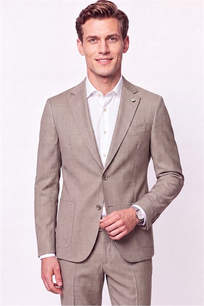 Slim Fit Çift Yırtmaç Torba Cep Esnek Yünlü Bej Takım Elbise TK 951
