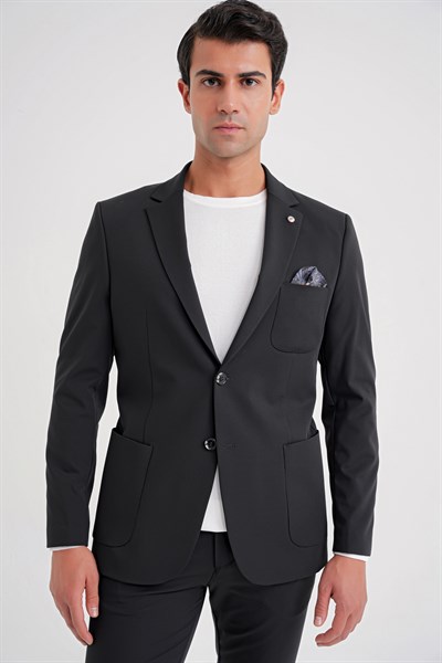 Slim Fit Çift Yırtmaç Torba Cep Esnek Spandex Karışımlı Havacı Siyah-1 Ceket C 697