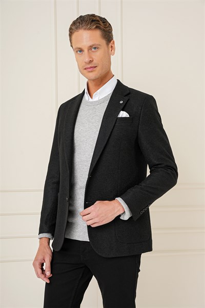 Slim Fit Çift Yırtmaç Torba Cepli %100 Yün Siyah Ceket C 689