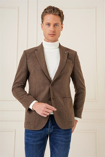 Slim Fit Çift Yırtmaç Torba Cepli %100 Yün Kahverengi Ceket C 689