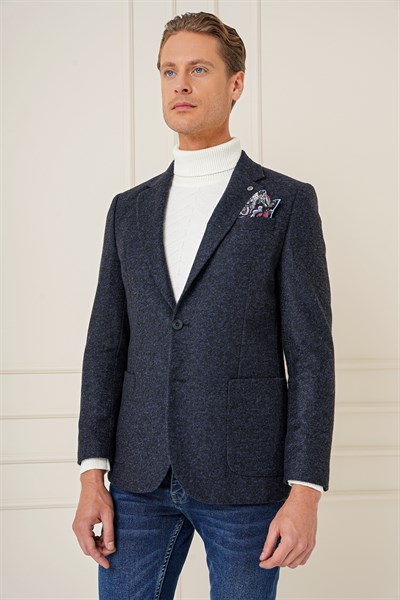 Slim Fit Çift Yırtmaç Torba Cepli %100 Yün Lacivert Ceket C 689