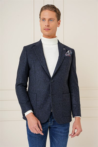 Slim Fit Çift Yırtmaç Torba Cepli %100 Yün Lacivert Ceket C 689