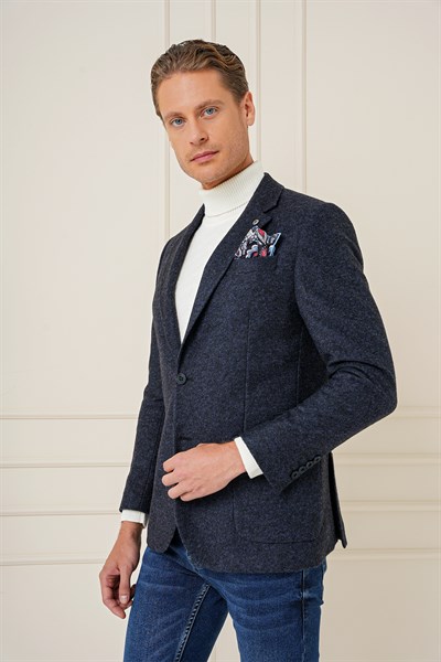 Slim Fit Çift Yırtmaç Torba Cepli %100 Yün Lacivert Ceket C 689