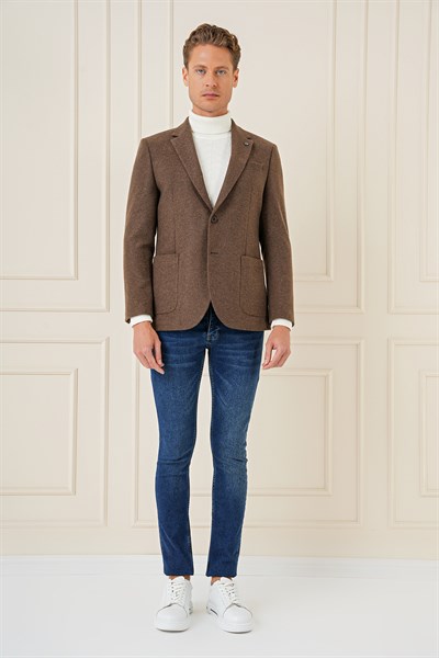 Slim Fit Çift Yırtmaç Torba Cepli %100 Yün Kahverengi Ceket C 689