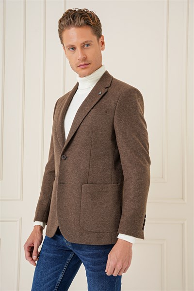 Slim Fit Çift Yırtmaç Torba Cepli %100 Yün Kahverengi Ceket C 689
