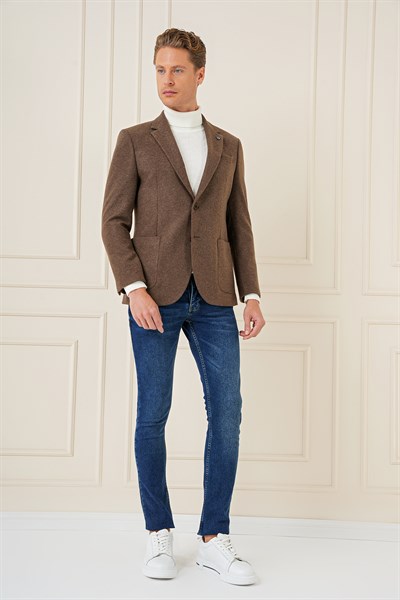 Slim Fit Çift Yırtmaç Torba Cepli %100 Yün Kahverengi Ceket C 689
