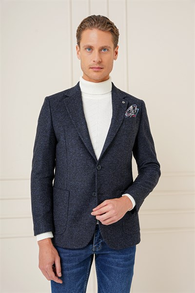 Slim Fit Çift Yırtmaç Torba Cepli %100 Yün Lacivert Ceket C 689