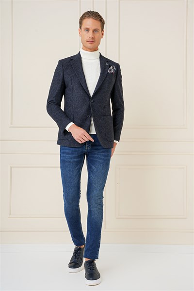 Slim Fit Çift Yırtmaç Torba Cepli %100 Yün Lacivert Ceket C 689