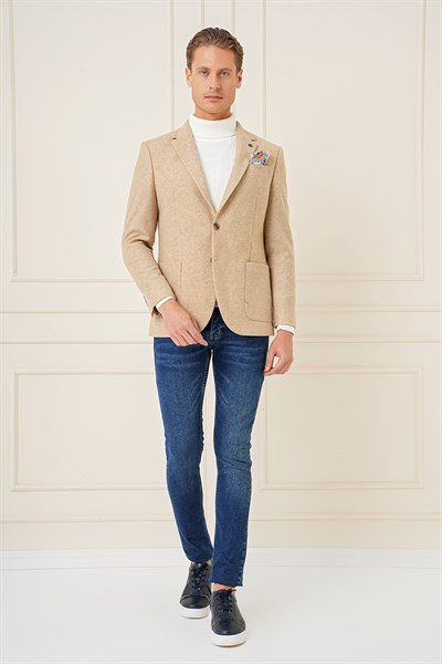 Slim Fit Çift Yırtmaç Torba Cepli %100 Yün Bej Ceket C 689