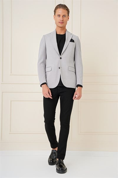 Slim Fit Çift Yırtmaç Yünlü Buklet Dokuma Gri Ceket C 686