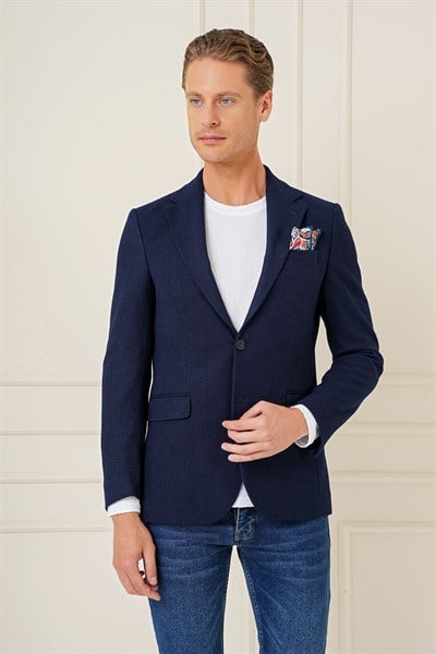 Slim Fit Çift Yırtmaç Yünlü Buklet Dokuma Lacivert Ceket C 686