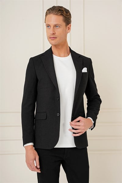 Slim Fit Çift Yırtmaç Yünlü Buklet Dokuma Siyah Ceket C 686