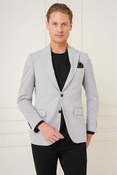 Slim Fit Çift Yırtmaç Yünlü Buklet Dokuma Gri Ceket C 686