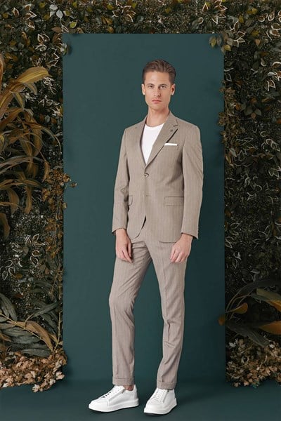 Slim Fit Çift Yırtmaç Yünlü Çizgili Bej Ceket C 652