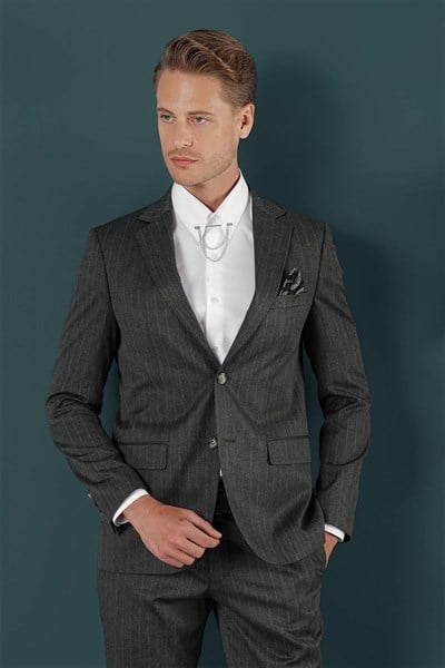 Slim Fit Çift Yırtmaç Yünlü Çizgili Füme Ceket C 652