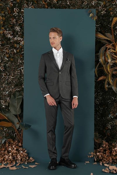 Slim Fit Çift Yırtmaç Yünlü Çizgili Füme Ceket C 652