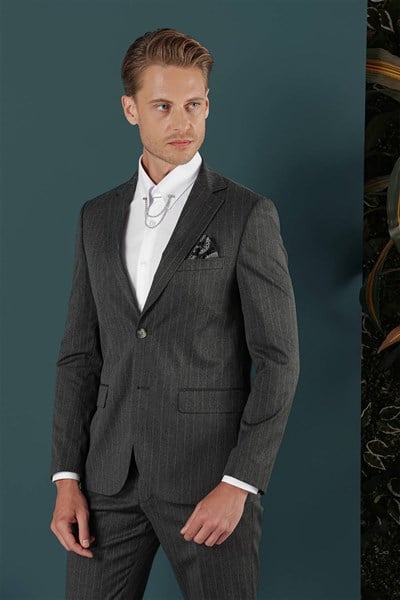 Slim Fit Çift Yırtmaç Yünlü Çizgili Füme Ceket C 652