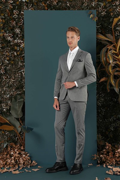 Slim Fit Çift Yırtmaç Yünlü Çizgili Gri Ceket C 652