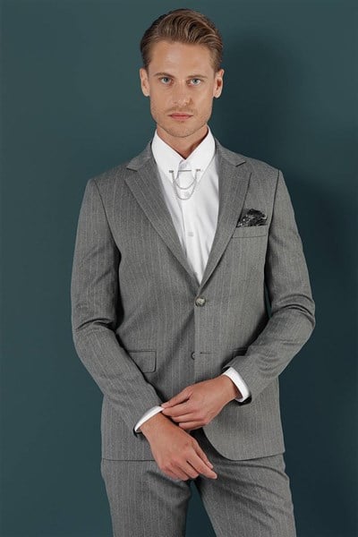 Slim Fit Çift Yırtmaç Yünlü Çizgili Gri Ceket C 652
