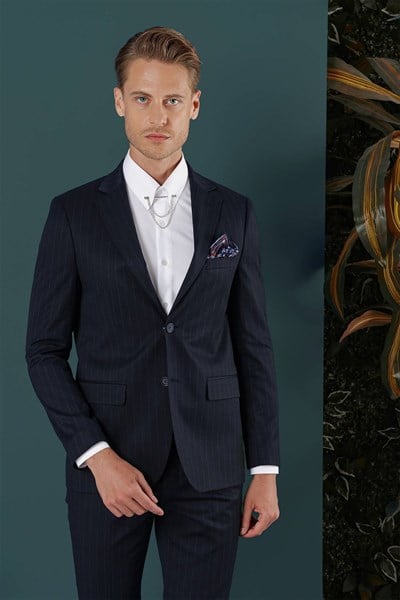 Slim Fit Çift Yırtmaç Yünlü Çizgili Lacivert Ceket C 652
