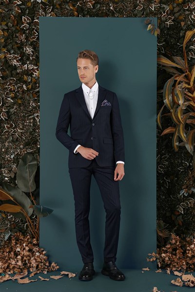 Slim Fit Çift Yırtmaç Yünlü Çizgili Lacivert Ceket C 652