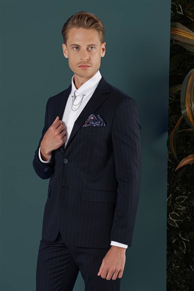 Slim Fit Çift Yırtmaç Yünlü Çizgili Lacivert Ceket C 652