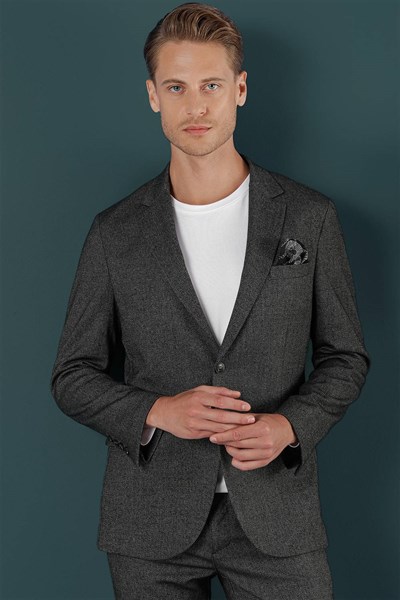 Slim Fit Çift Yırtmaç Yünlü Kırçıllı Dokuma Siyah Ceket C 658