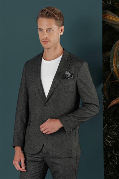 Slim Fit Çift Yırtmaç Yünlü Kırçıllı Dokuma Siyah Ceket C 658