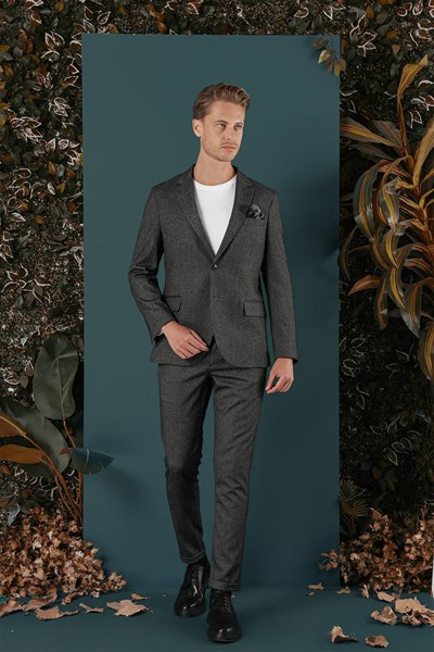 Slim Fit Çift Yırtmaç Yünlü Kırçıllı Dokuma Siyah Ceket C 658