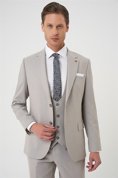 Slim Fit Çift Yırtmaç Yünlü Yelekli Klasik Taş Takım Elbise Tk 914