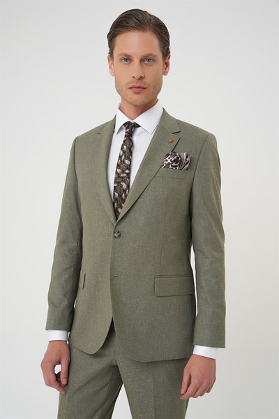 Slim Fit Çift Yırtmaç Keten Yelekli Klasik Haki Takım Elbise  Tk 914