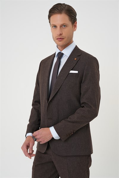 Slim Fit Çift Yırtmaç Yünlü Yelekli Klasik Kahverengi Takım Elbise Tk 914