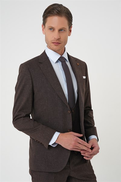 Slim Fit Çift Yırtmaç Yünlü Yelekli Klasik Kahverengi Takım Elbise Tk 914