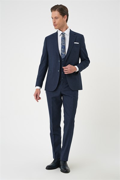 Slim Fit Çift Yırtmaç Keten Yelekli Klasik Lacivert Takım Elbise Tk 914