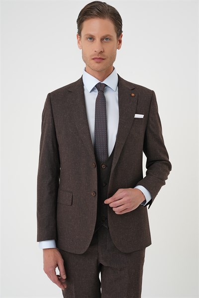 Slim Fit Çift Yırtmaç Yünlü Yelekli Klasik Kahverengi Takım Elbise Tk 914