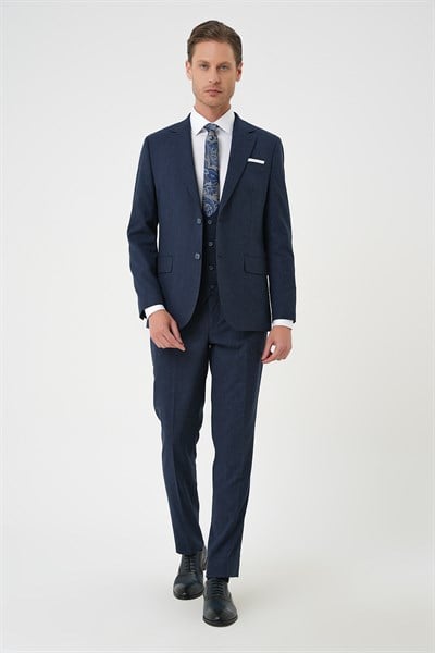 Slim Fit Çift Yırtmaç Keten Yelekli Klasik Lacivert Takım Elbise Tk 914