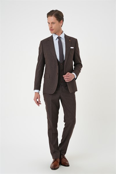 Slim Fit Çift Yırtmaç Yünlü Yelekli Klasik Kahverengi Takım Elbise Tk 914