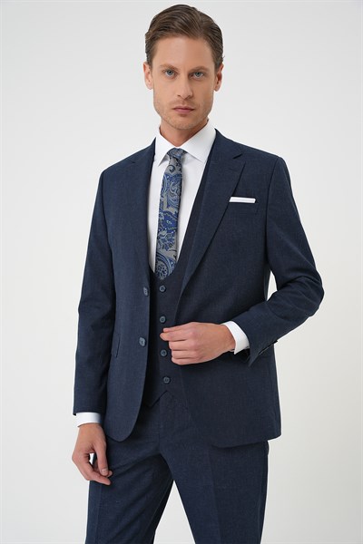 Slim Fit Çift Yırtmaç Keten Yelekli Klasik Lacivert Takım Elbise Tk 914