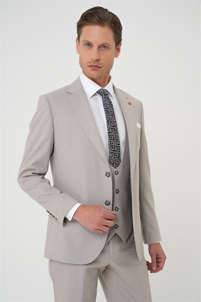 Slim Fit Çift Yırtmaç Yünlü Yelekli Klasik Taş Takım Elbise Tk 914